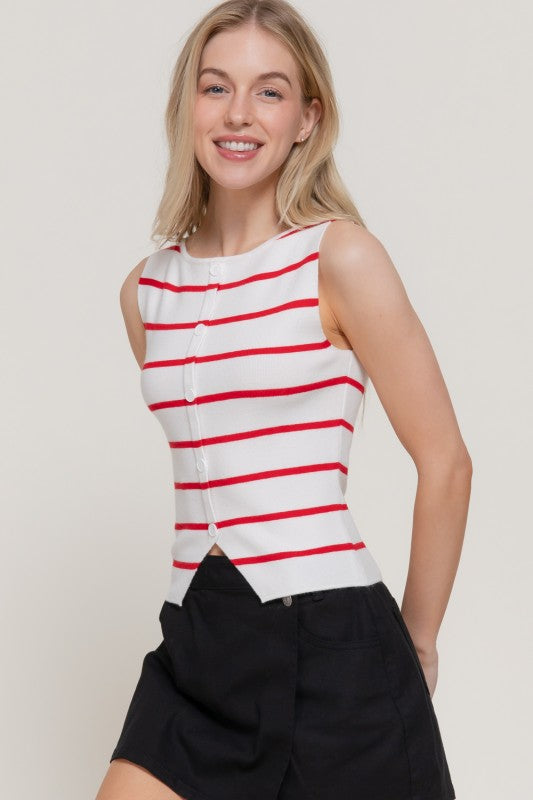 Red women Sleeveless Button Split Stripe white Top