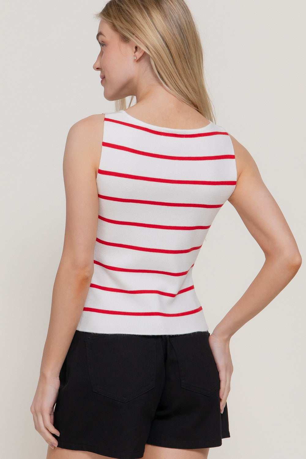Red women Sleeveless Button Split Stripe white Top