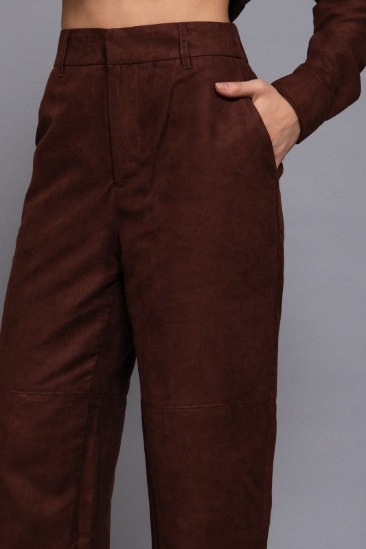 Faux Suede Straight Leg Woven Pants Brown