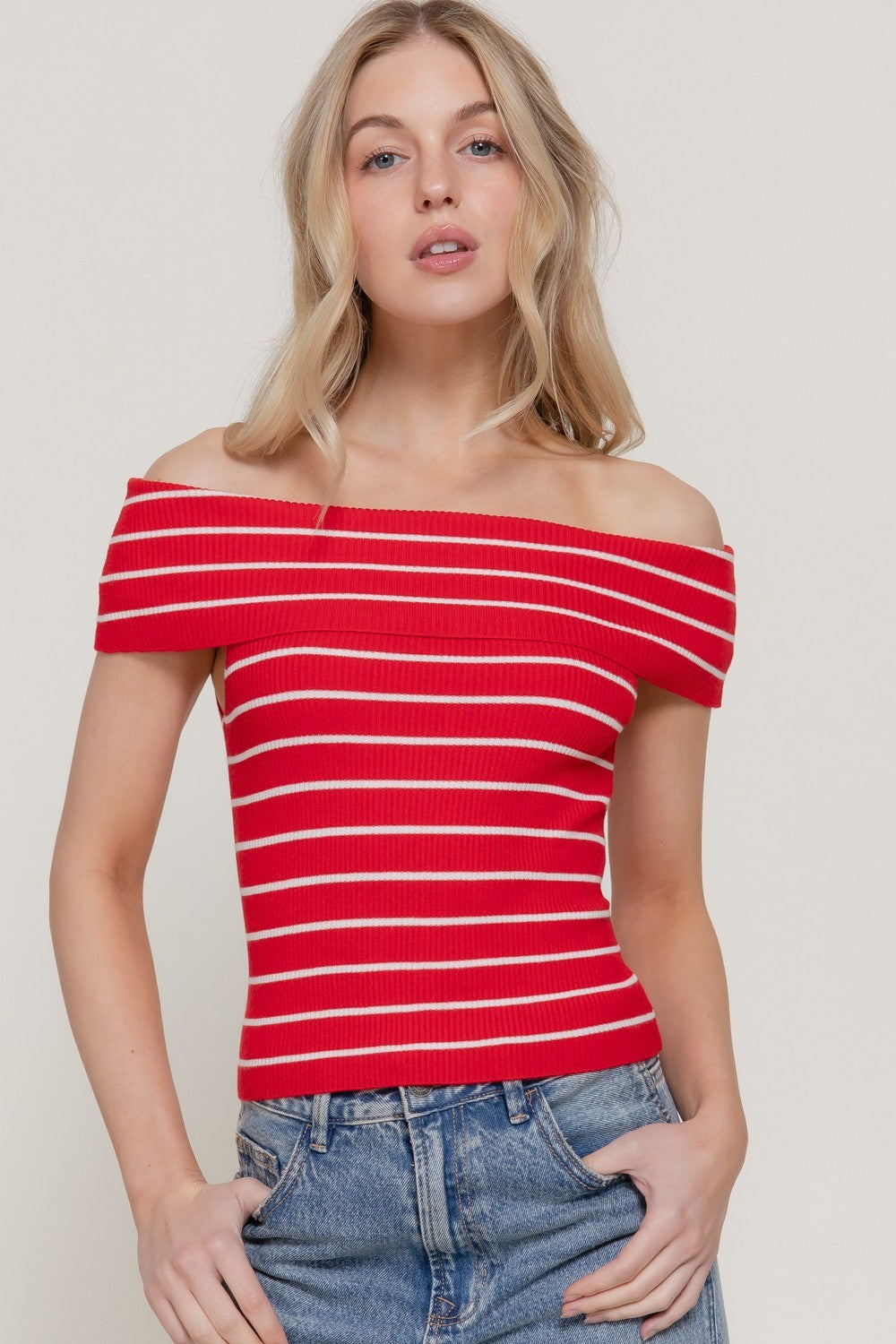America Off The Shoulder Red Blouse Stripe Spring Top
