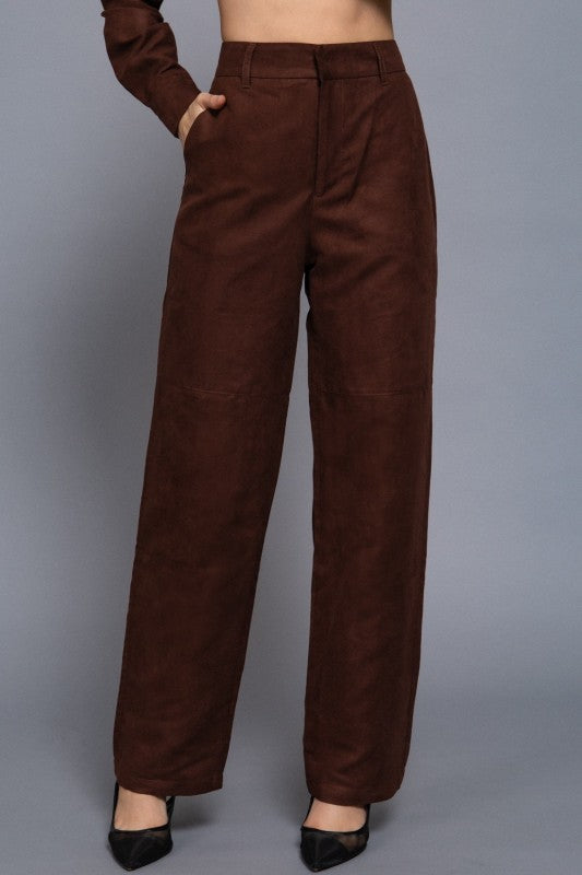 Faux Suede Straight Leg Woven Pants Brown