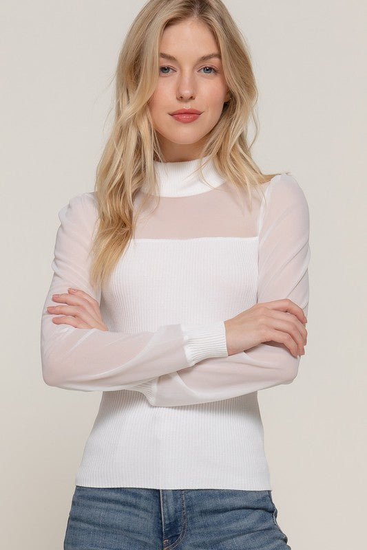Long Sleeve Mesh Panel Detail Sweater Top white
