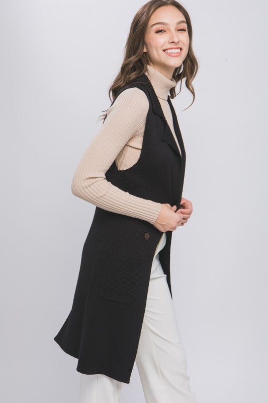 Micaela  Sleeveless Long Cardigan Vest Coat Black #*