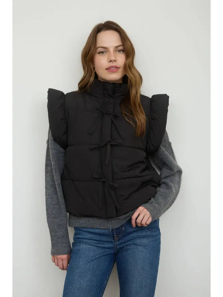 Flutter Sleeve Bow Detail Zip-up Puffer Vest