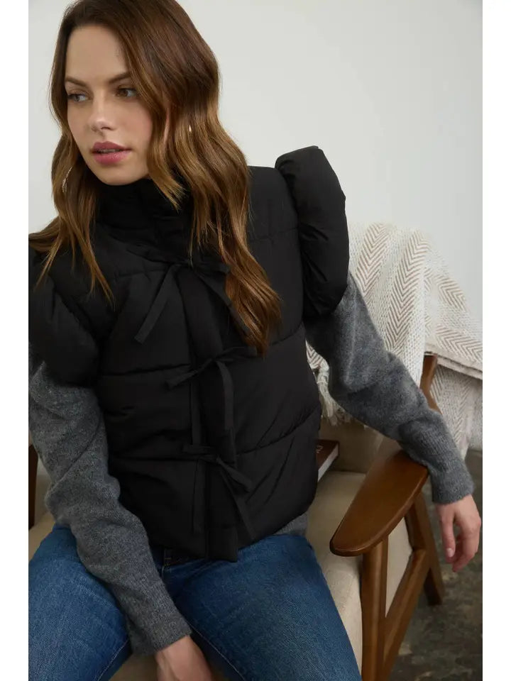 Flutter Sleeve Bow Detail Zip-up Puffer Vest