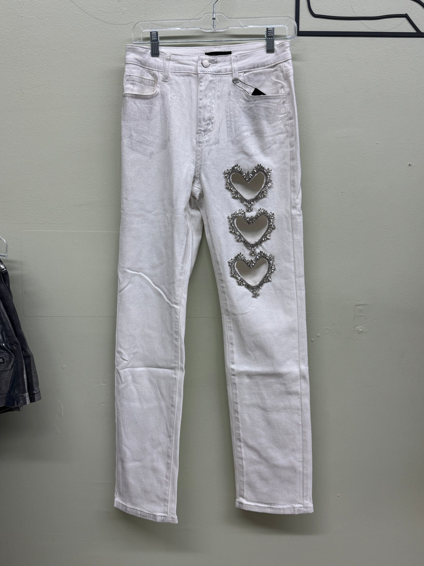 Women Triple line Heart Skinny Metallic Rhinestone Denim jeans
