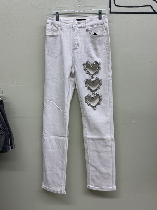 Women Triple line Heart Skinny Metallic Rhinestone Denim jeans