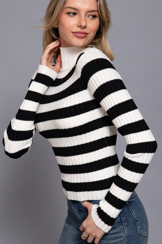 Long Slv Mock Neck Stripe Sweater