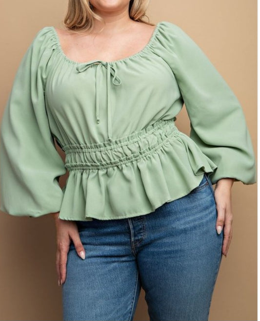 Blouse Bubble Sleeve and Elastic Waist,Blusa #T