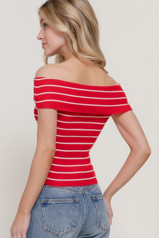 America Off The Shoulder Red Blouse Stripe Spring Top