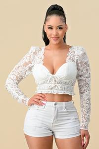 TIE LACE LONG SLEEVE TOP WHITE  . / Top Blousa