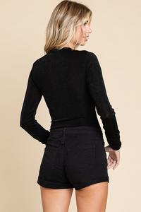 Lace trim v-neck ruched long-sleeve bodysuit