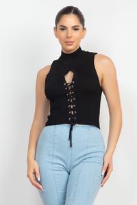 Black Mock Neck Ribbed Cut-Out Top