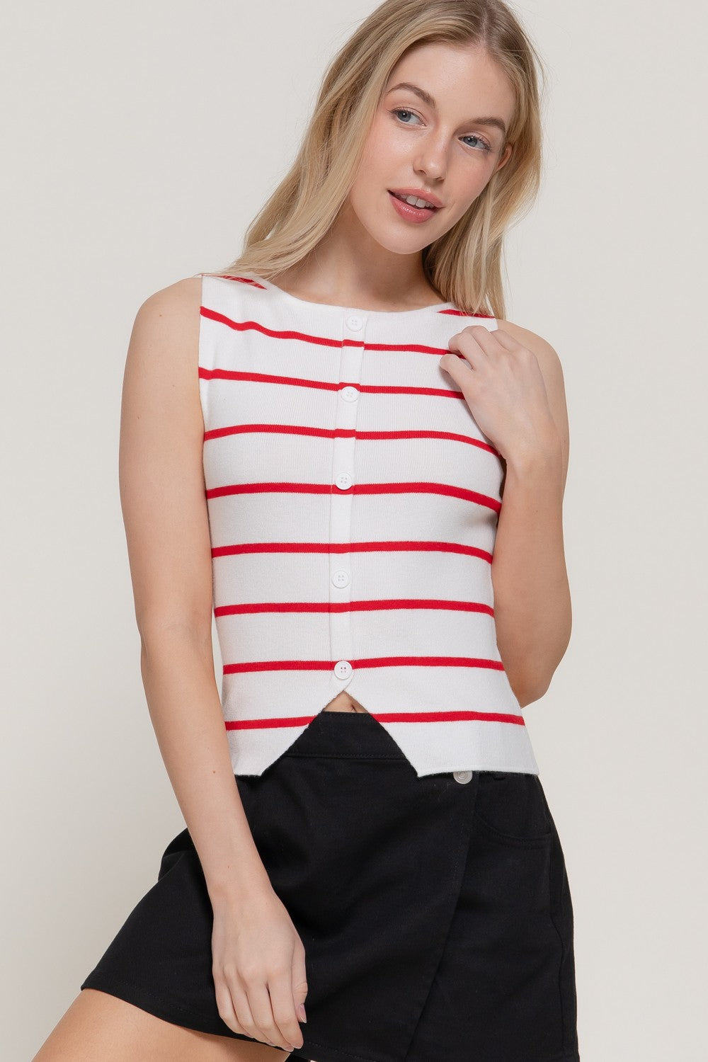 Red women Sleeveless Button Split Stripe white Top
