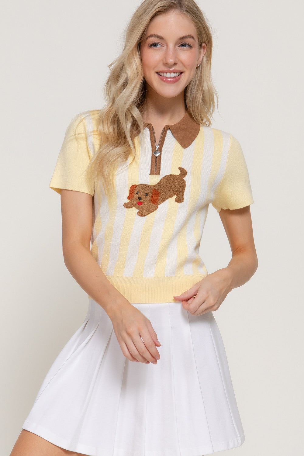 BISU Short Dog yellow Stripe Polo Women Top