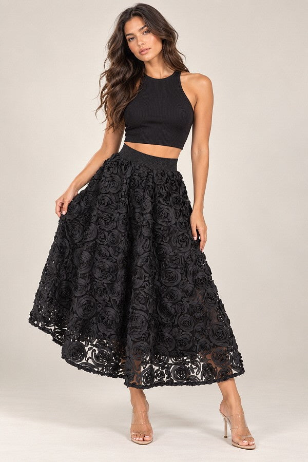 Sheer Skirt Black Rose Pattern Long Womwen Skirts