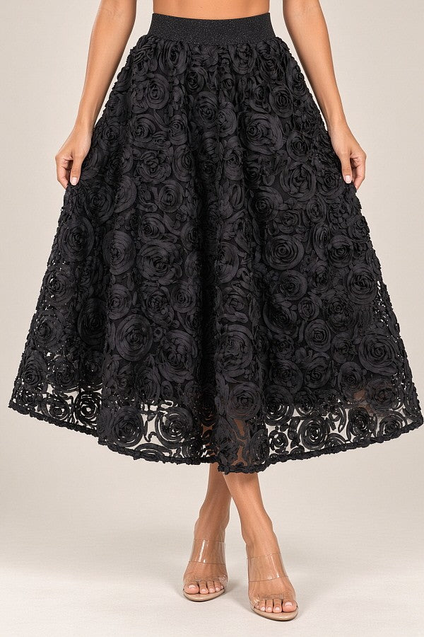 Sheer Skirt Black Rose Pattern Long Womwen Skirts