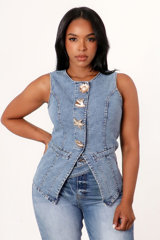 Multi Shape Button Trim Denim Blouse