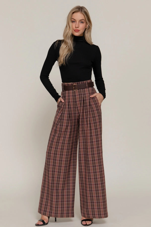 Pleats Belted Plaid Wide Long Pants