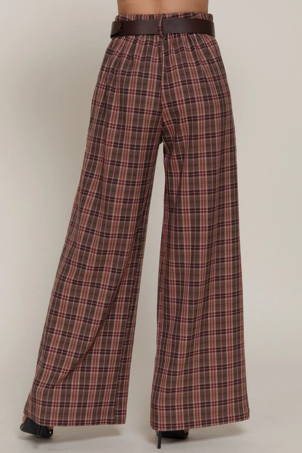 Pleats Belted Plaid Wide Long Pants
