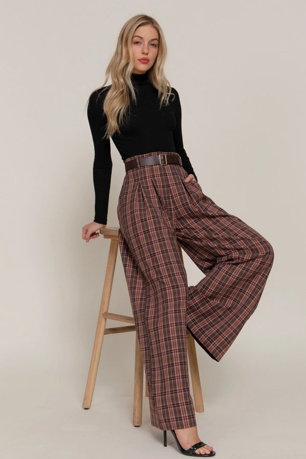 Pleats Belted Plaid Wide Long Pants
