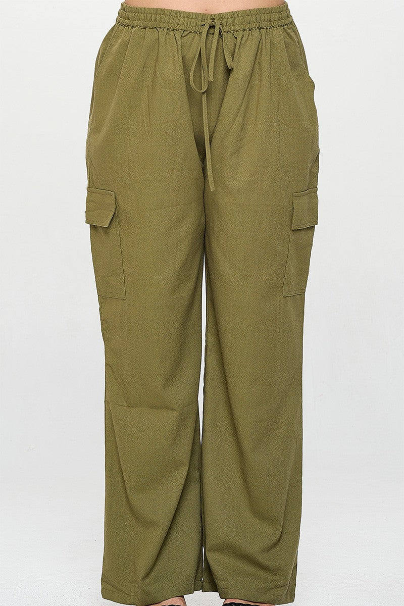Junior Plus Olive Drawstring Waist Pocket Cargo Pants