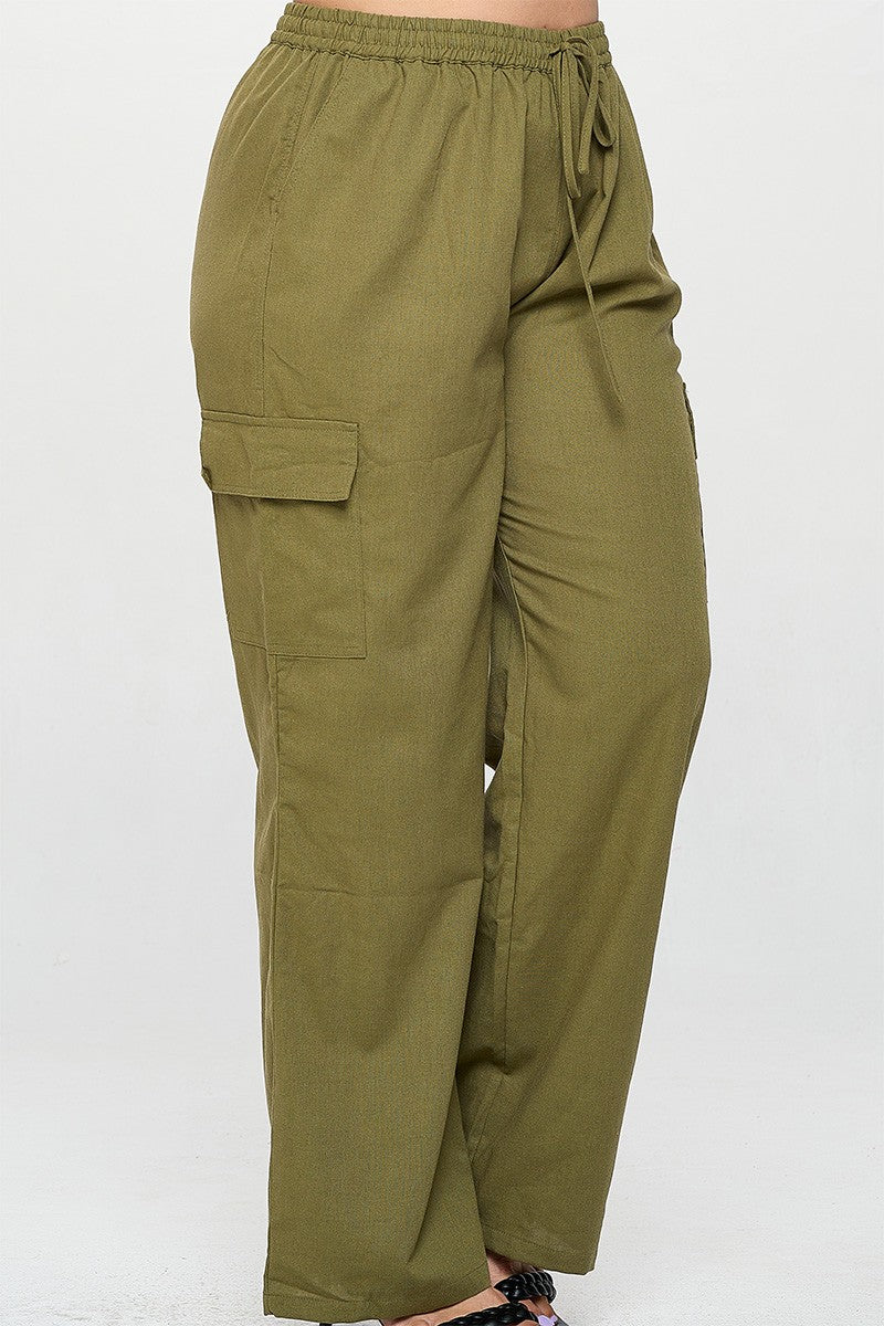 Junior Plus Olive Drawstring Waist Pocket Cargo Pants