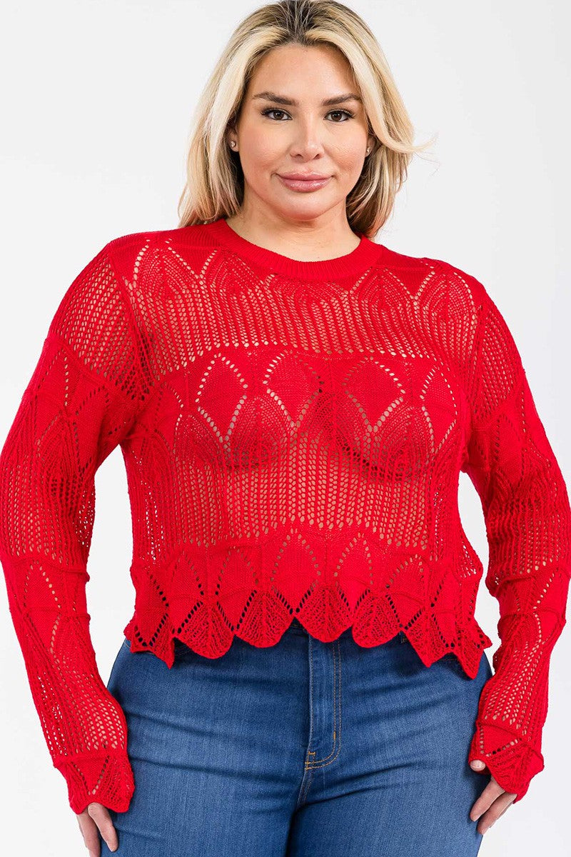 Junior Plus Long Sleeve Crochet Lace Top Red