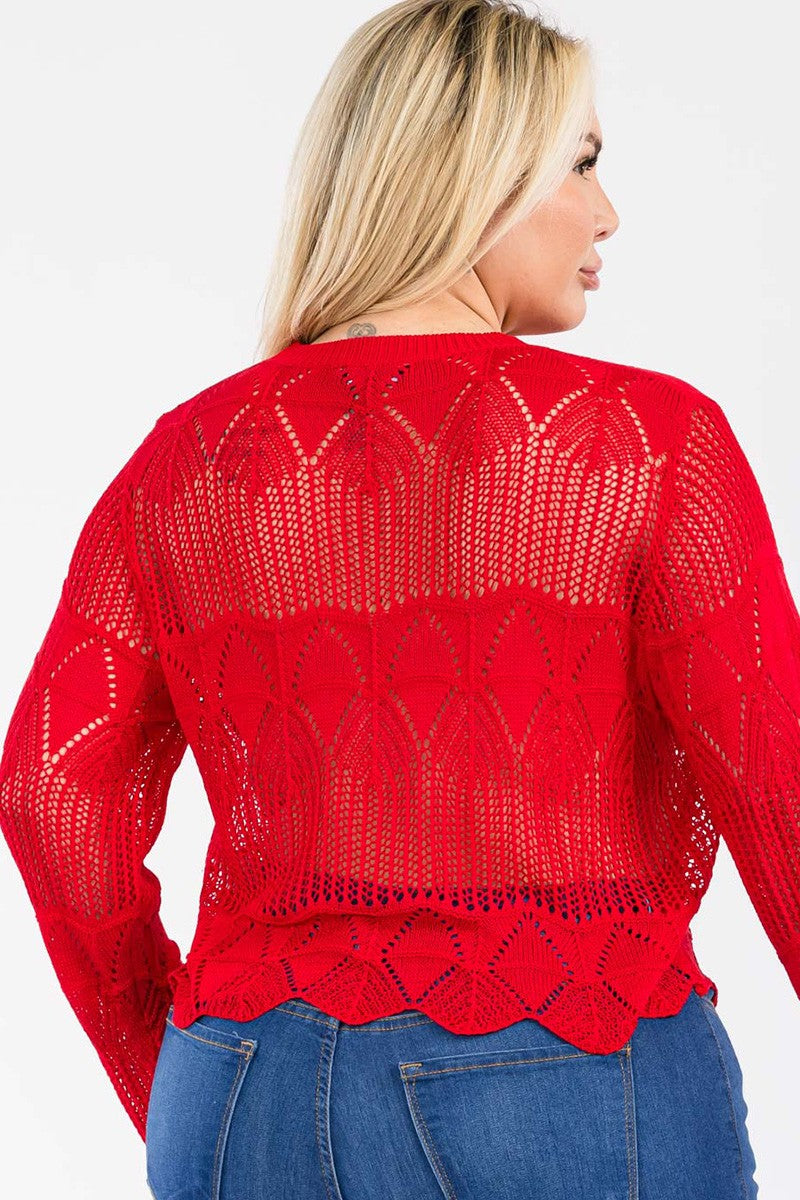 Junior Plus Long Sleeve Crochet Lace Top Red