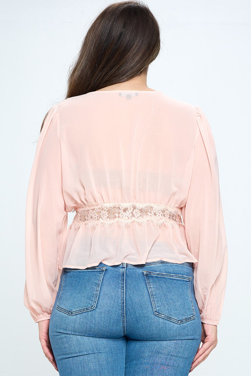 Junior Plus Open Front Wrap Top With Self Tie