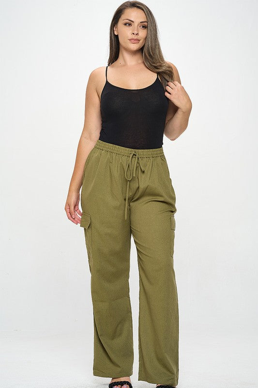 Junior Plus Olive Drawstring Waist Pocket Cargo Pants
