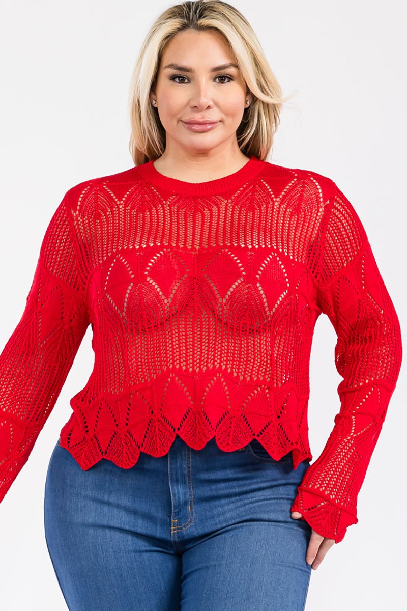 Junior Plus Long Sleeve Crochet Lace Top Red