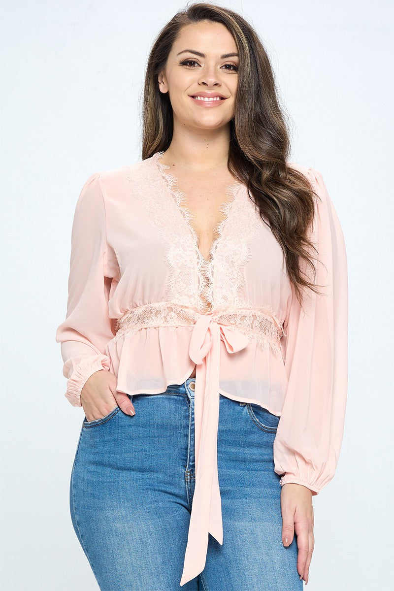 Junior Plus Open Front Wrap Top With Self Tie