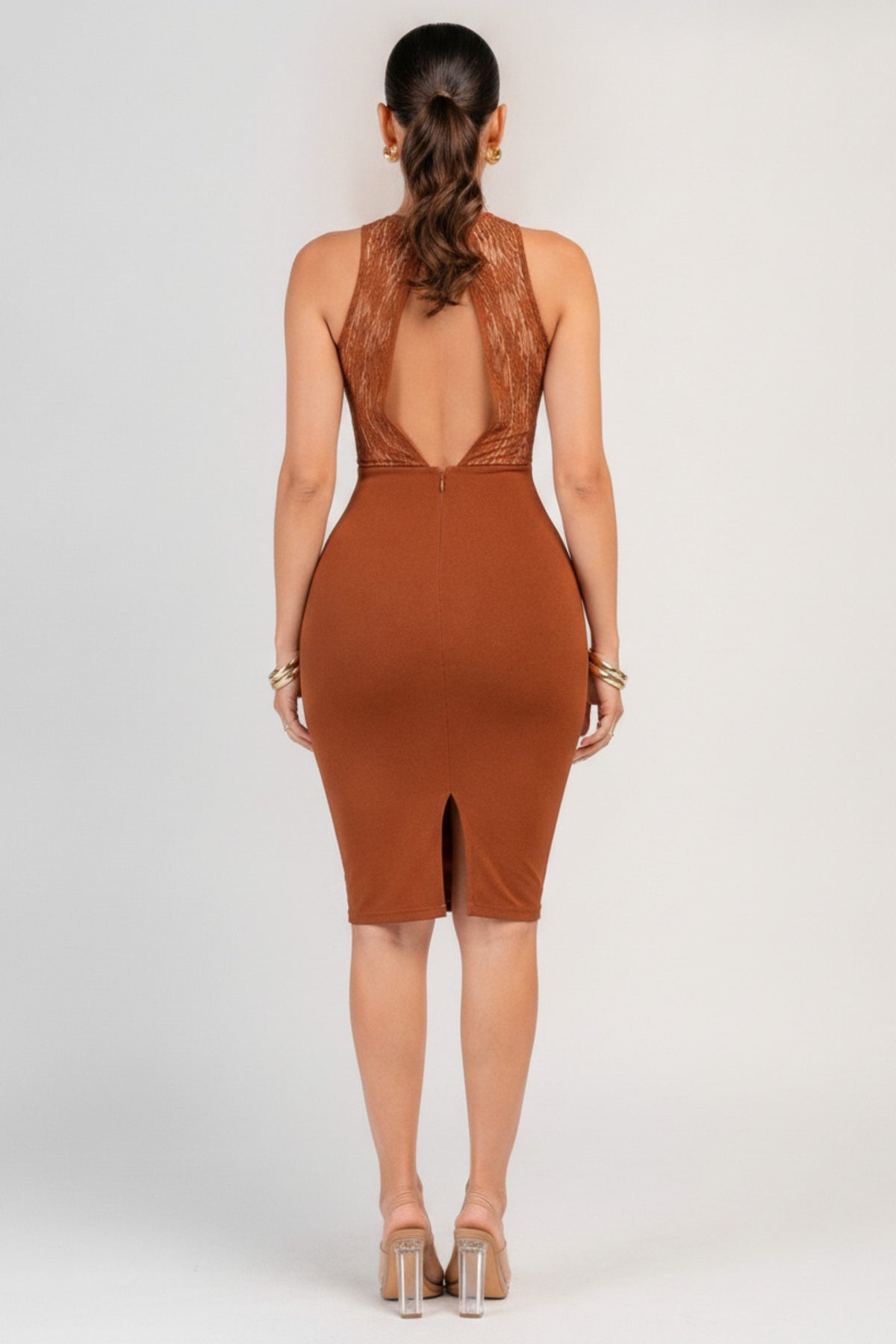 Lucia Crepe Halter Cross Lace Open Back Midi Women Dress