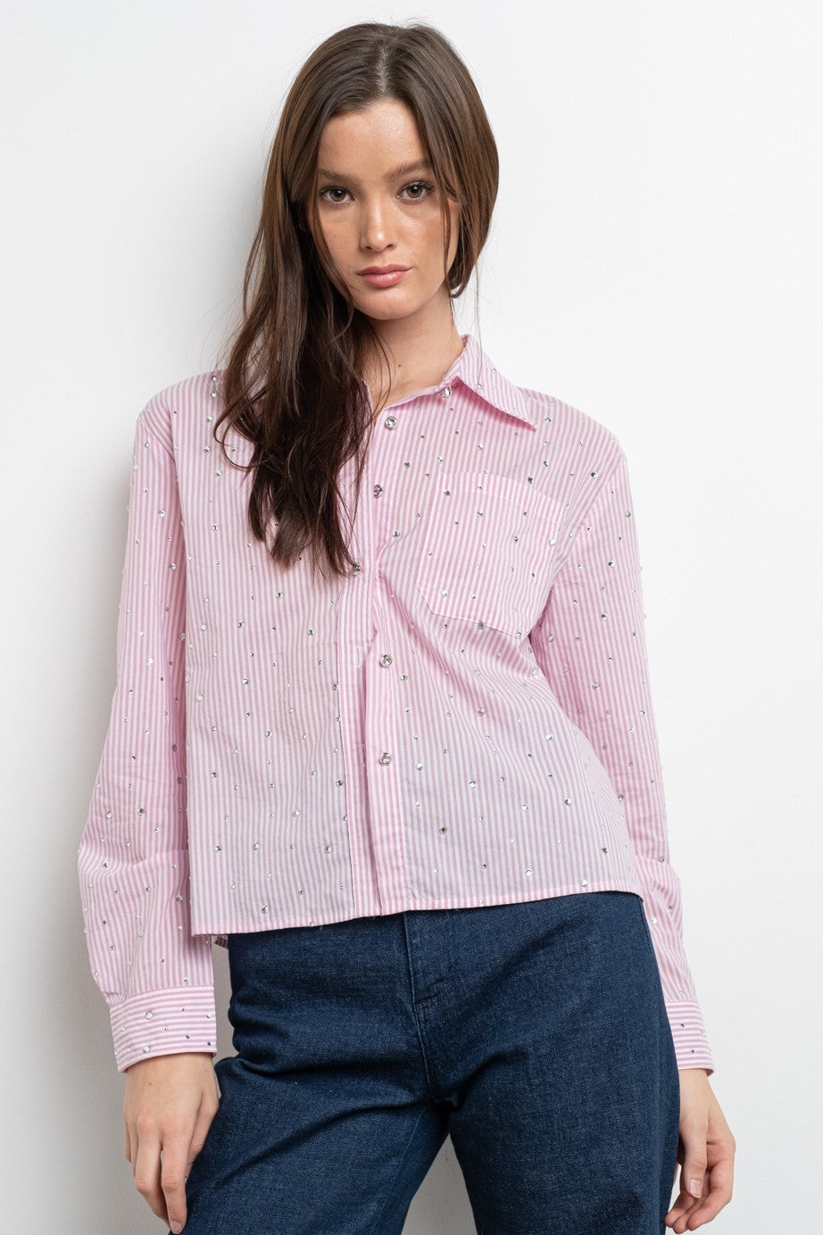 Rita Rhinestone shirt LIGHT PINK STRIPED Woman  Blouse #T