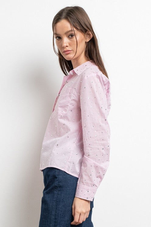 Rita Rhinestone shirt LIGHT PINK STRIPED Woman  Blouse #T