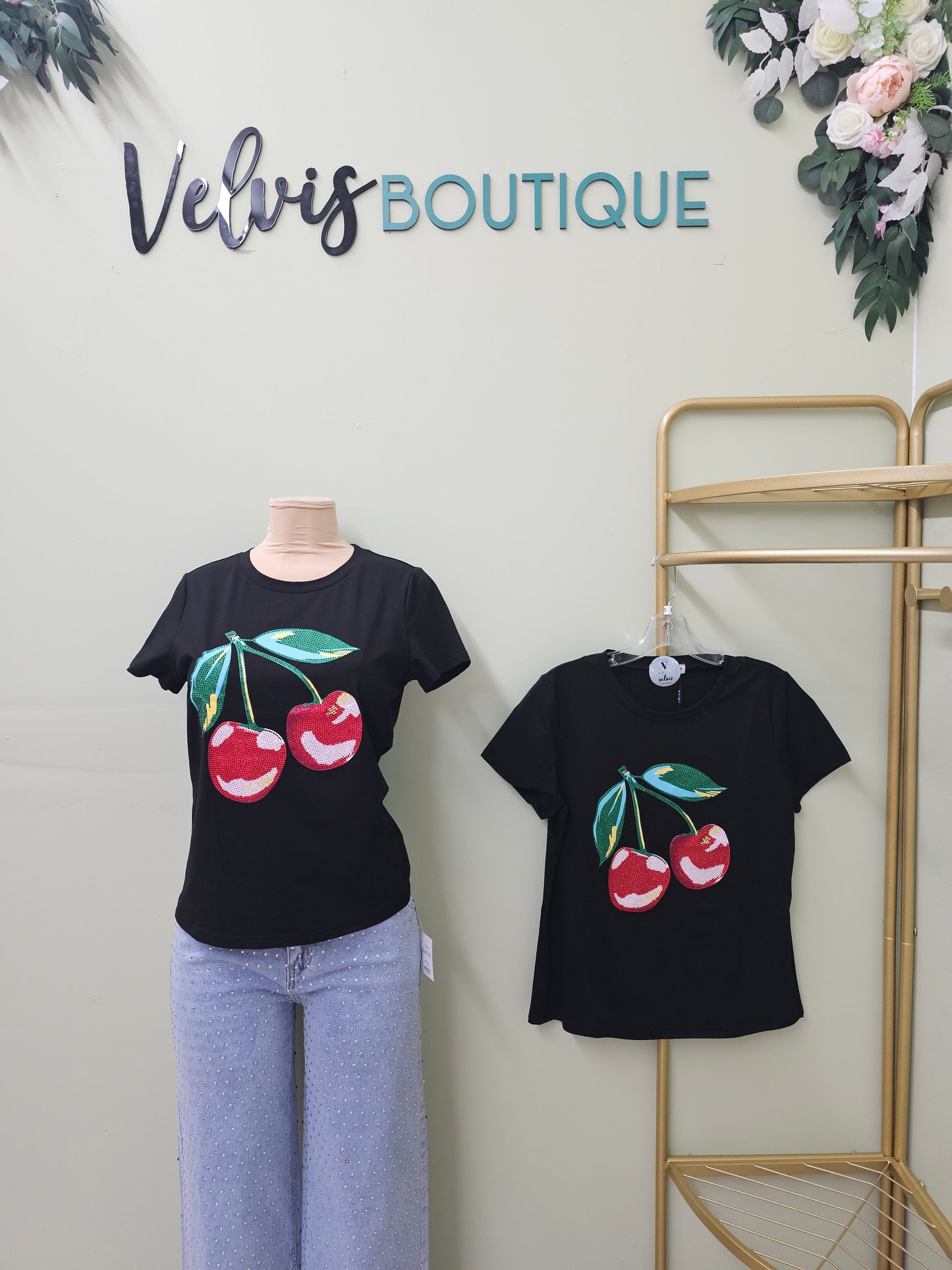 Cherry Cherry Rhinestone T-shirt Black #T