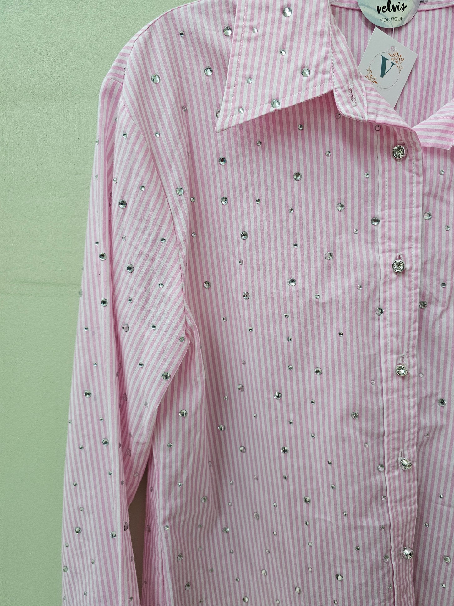 Rita Rhinestone shirt LIGHT PINK STRIPED Woman  Blouse #T