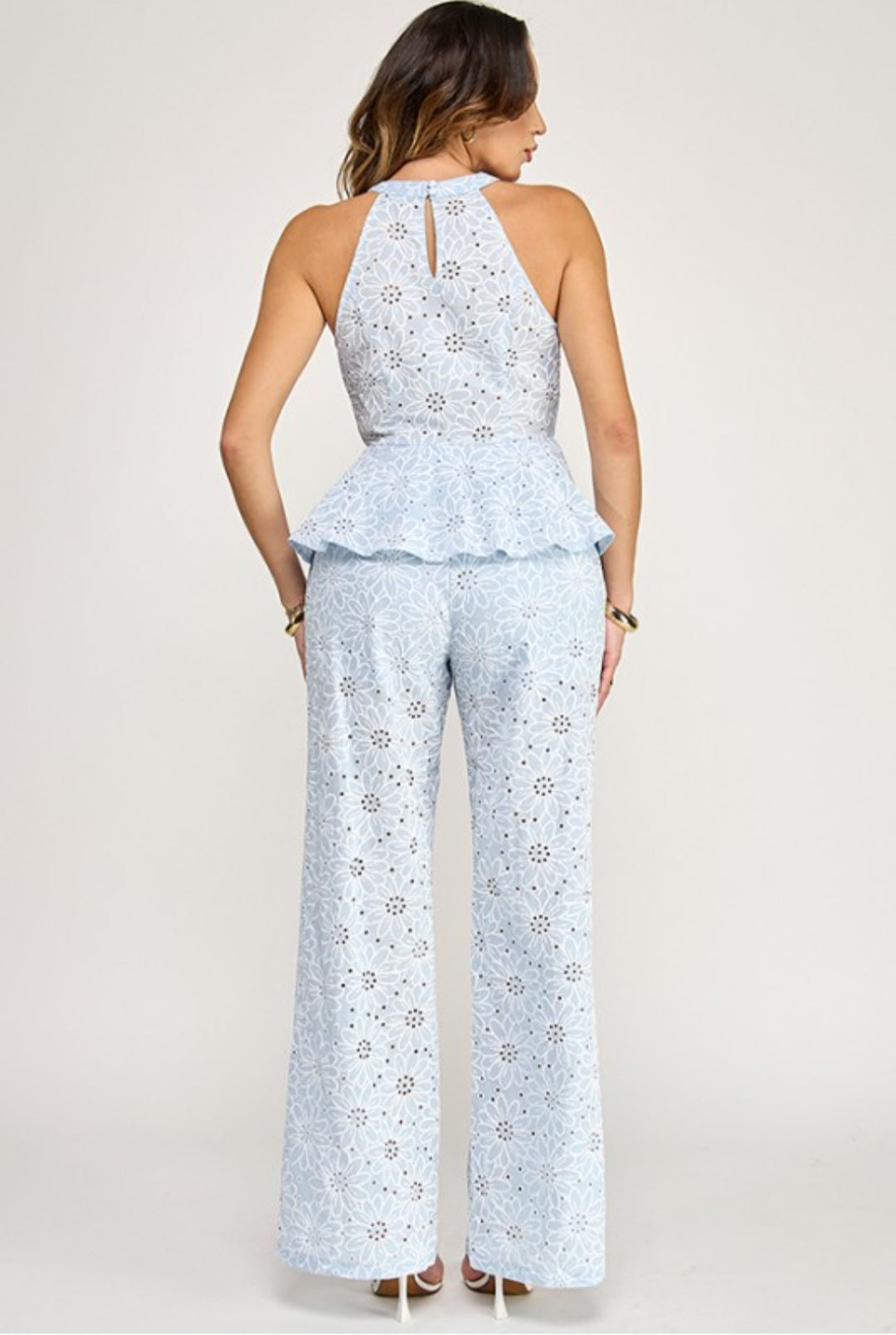 blue Pantalon  flower pants wide leg