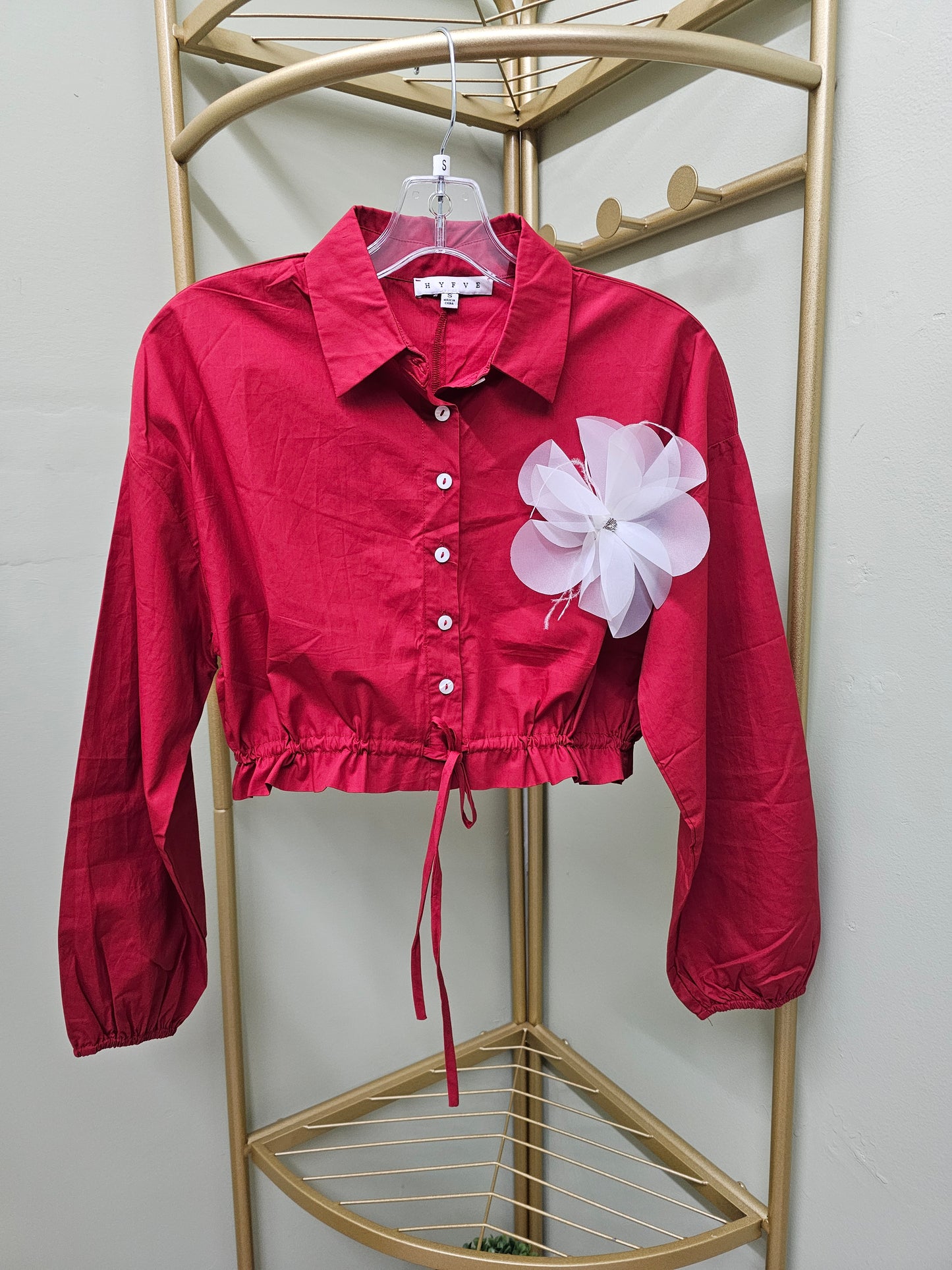 Francis Blouse Crop Top Long Sleeve Button Up Red