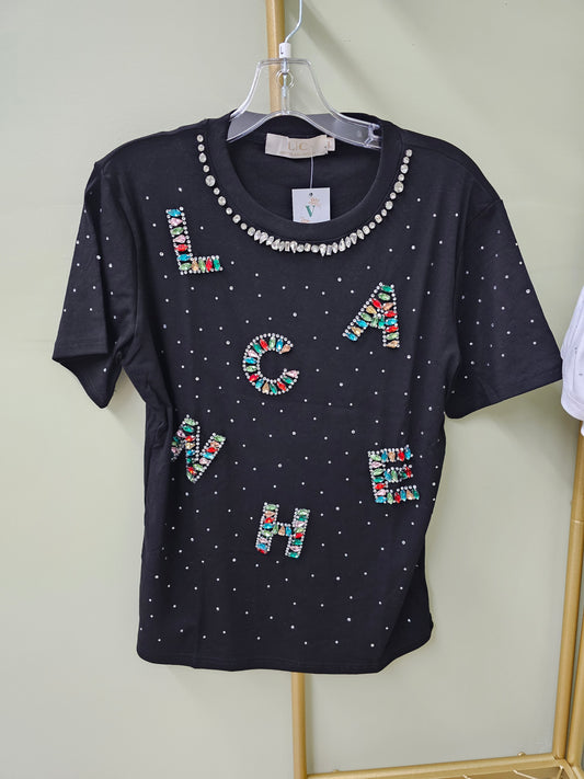 Rainbow  Black T-shirt Rhinestone Colors #T