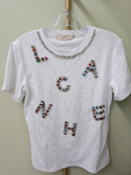 Rainbow Letter White T-shirt Rhinestone Colors #T