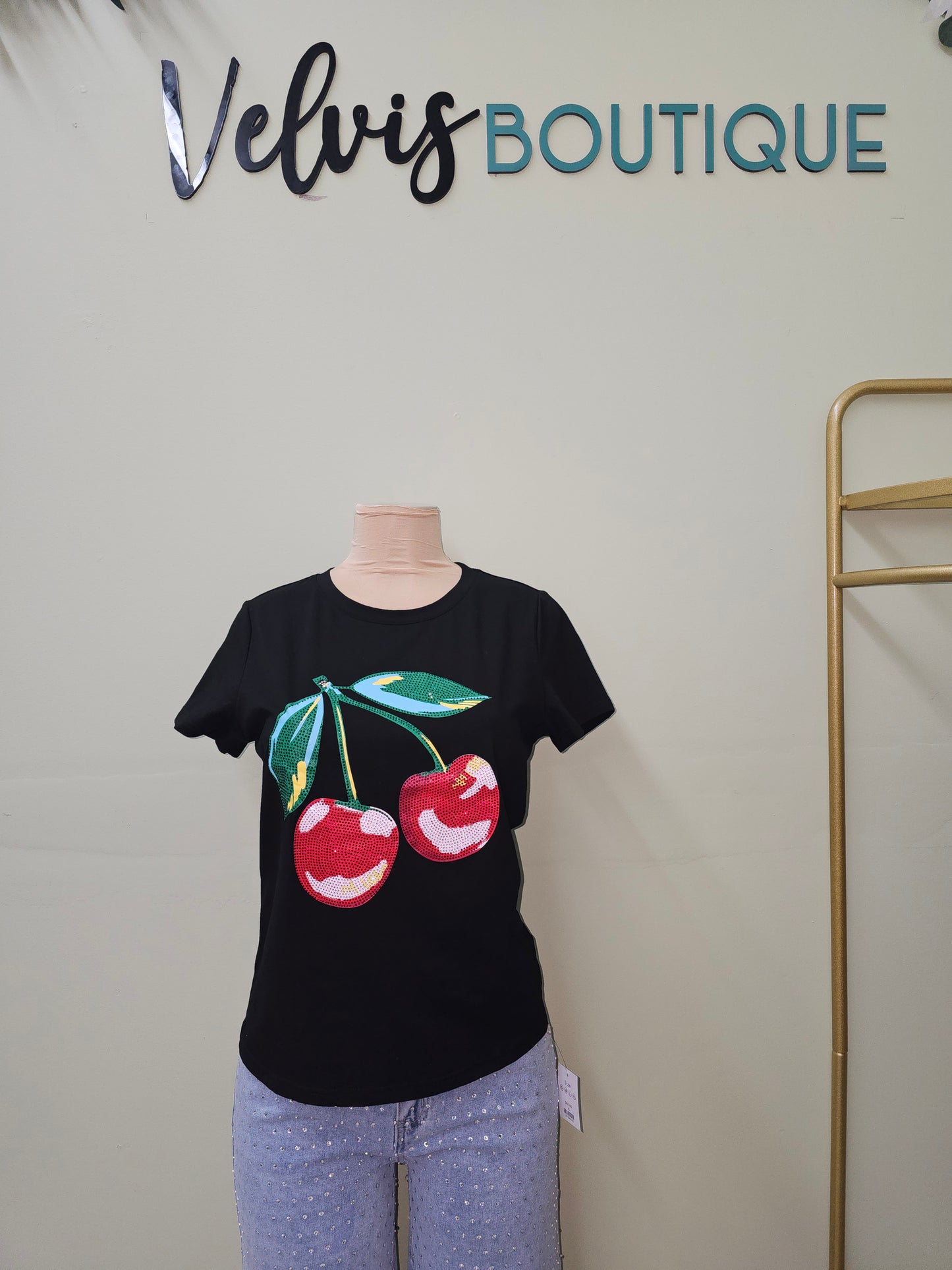 Cherry Cherry Rhinestone T-shirt Black #T
