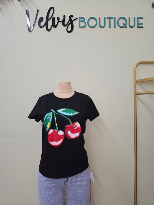 Cherry Cherry Rhinestone T-shirt Black #T