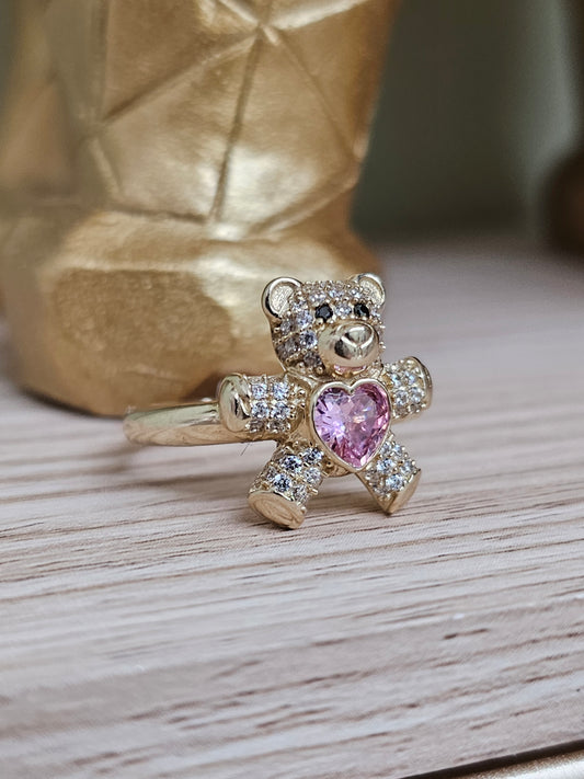 10k Gold Bear ring with pink heart #25