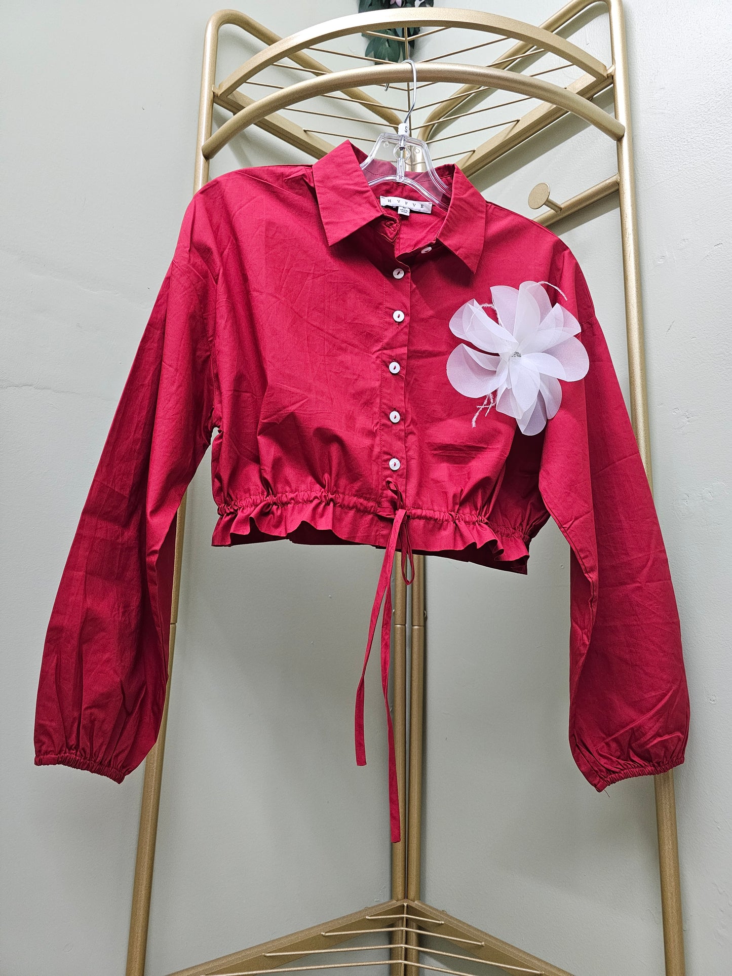 Francis Blouse Crop Top Long Sleeve Button Up Red