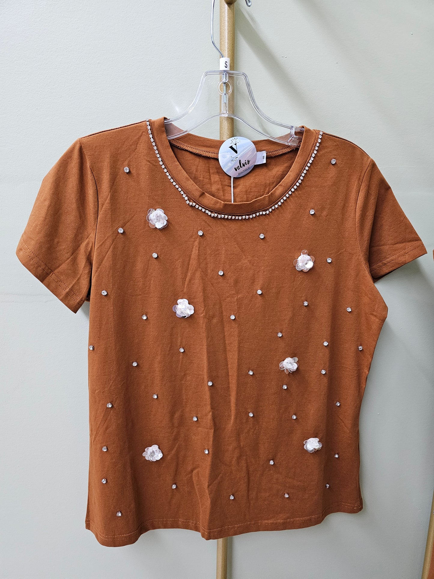 Emely Embellished T-shirt Brown with Rhinestone #T