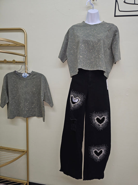 Crop top shirt green olive with rhinestone Womenswear #T