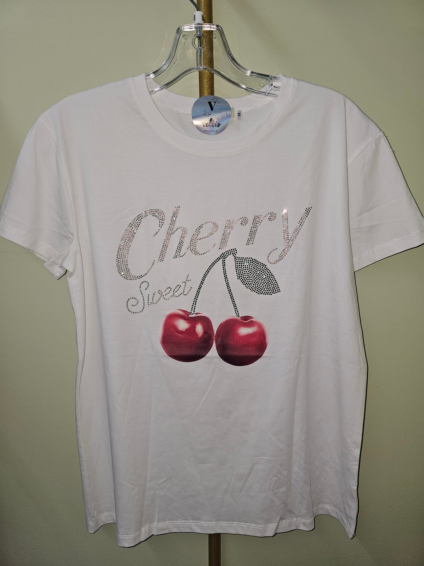 Cherry's white Rhinestone T-shirt #T