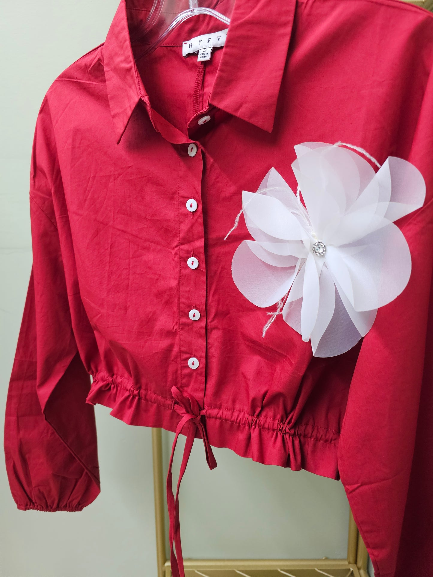 Francis Blouse Crop Top Long Sleeve Button Up Red